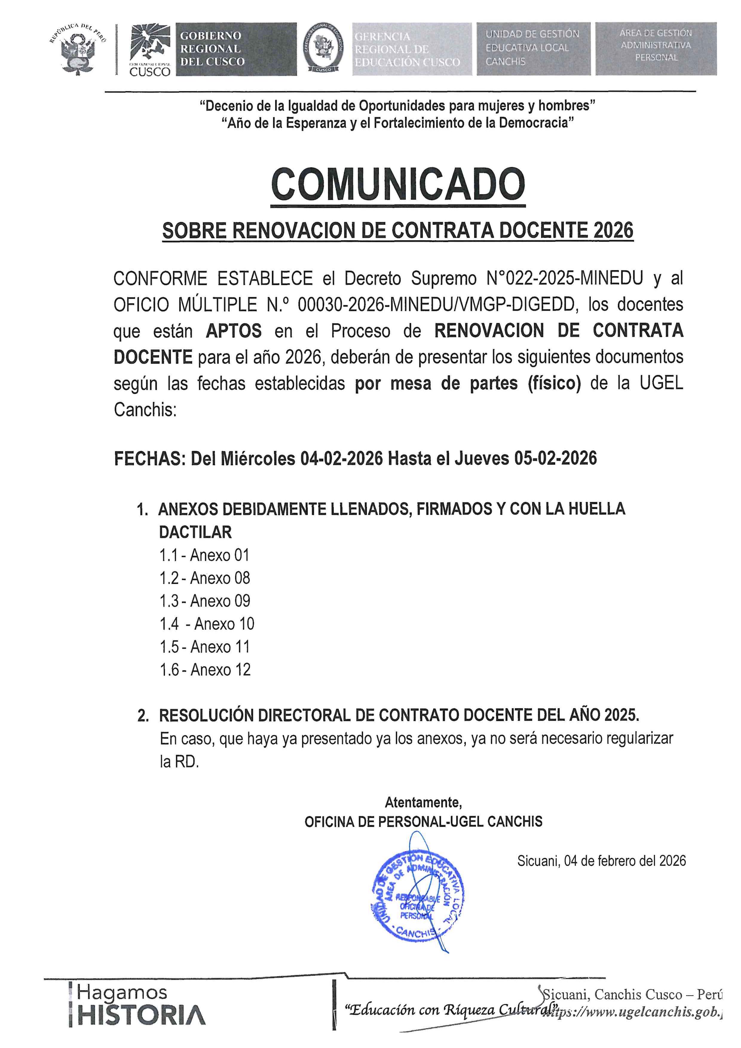 COMUNICADO SOBRE RENOVACION DE CONTRATA DOCENTE 2026